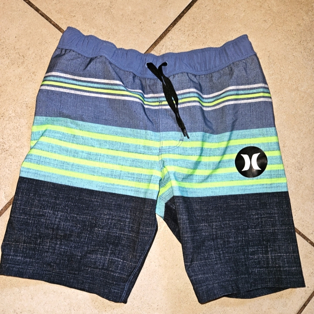 Hurley Boy's Board Shorts Size 7/8 Blue Striped with Logo Back Flap Pocket